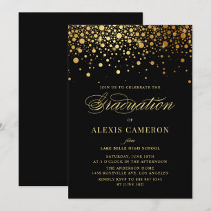Faux Gold Confetti Dots Black Graduation Invitation