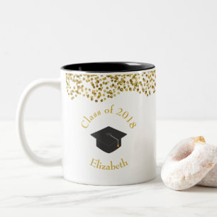 Faux Gold Confetti & Graduation Cap Class of 20xx Two-Tone Coffee Mug