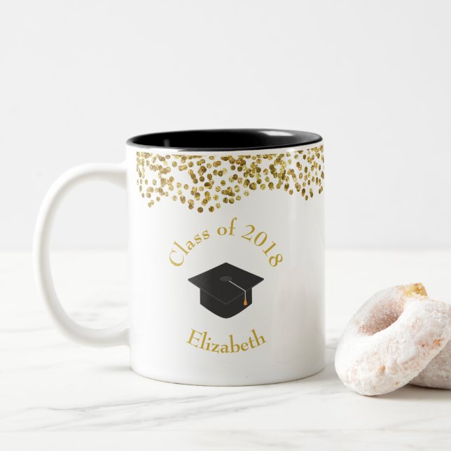 Faux Gold Confetti & Graduation Cap Class of 20xx Two-Tone Coffee Mug (With Donut)