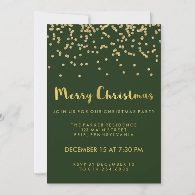Faux Gold Confetti Green Merry Christmas Party Invitation (Front)