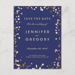Faux Gold Confetti Navy Save the Date Postcards