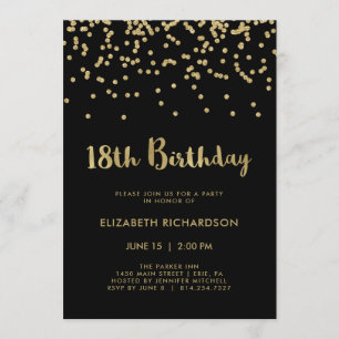 Faux Gold Confetti on Black   18th Birthday Party Invitation