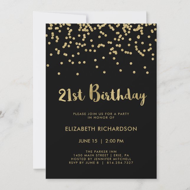 Faux Gold Confetti on Black | 21st Birthday Party Invitation (Front)