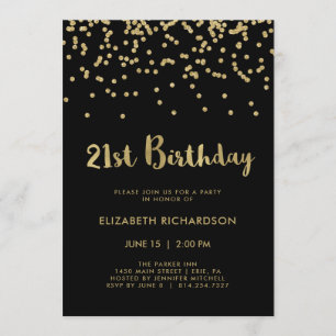 Faux Gold Confetti on Black   21st Birthday Party Invitation