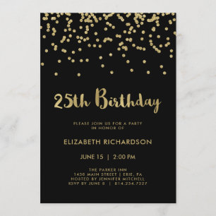 Faux Gold Confetti on Black 25th Birthday Party Invitation
