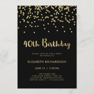 Faux Gold Confetti on Black   40th Birthday Party Invitation