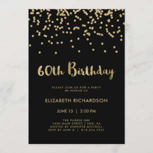Faux Gold Confetti on Black   60th Birthday Party Invitation