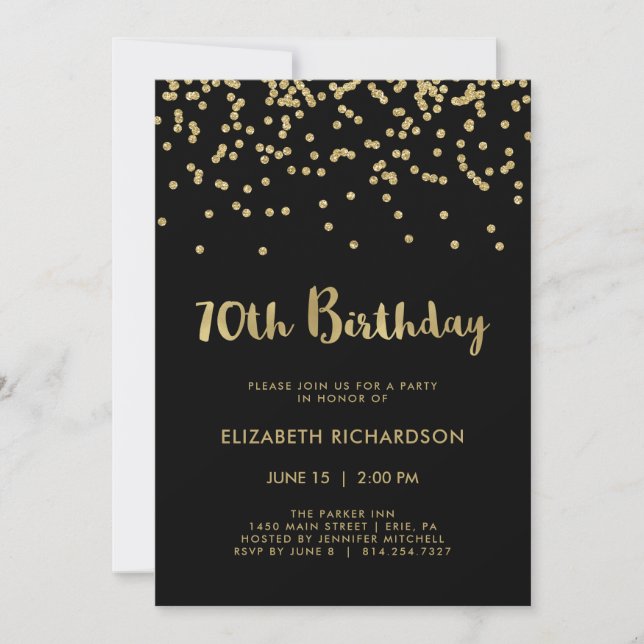 Faux Gold Confetti on Black | 70th Birthday Party Invitation (Front)