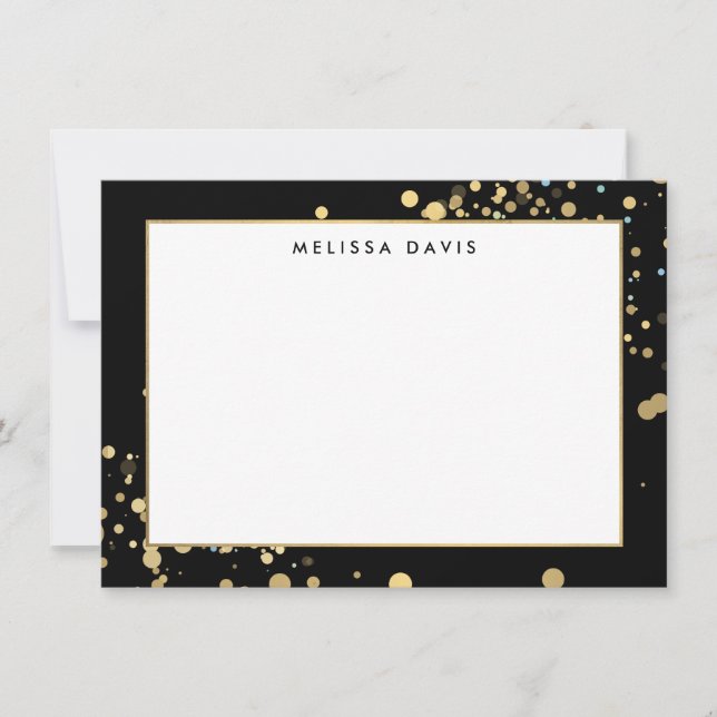 Faux Gold Confetti on Black Flat Notecard (Front)
