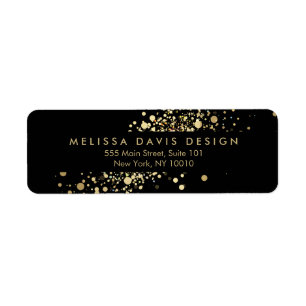 Faux Gold Confetti on Black Modern Address Label