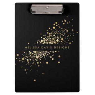 Faux Gold Confetti on Black Modern Personalized Clipboard