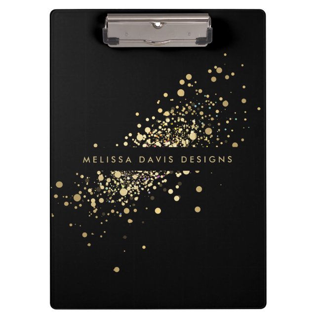 Faux Gold Confetti on Black Modern Personalized Clipboard (Front)