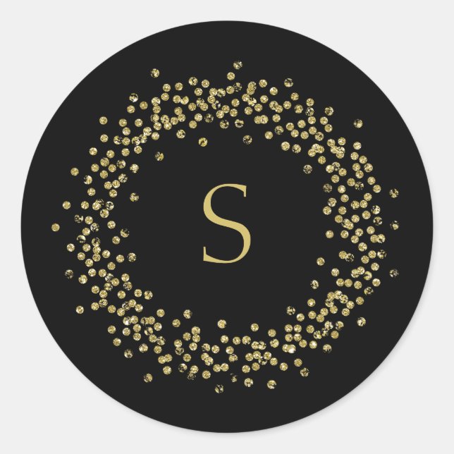 Faux Gold Confetti on Black | Monogram Classic Round Sticker (Front)