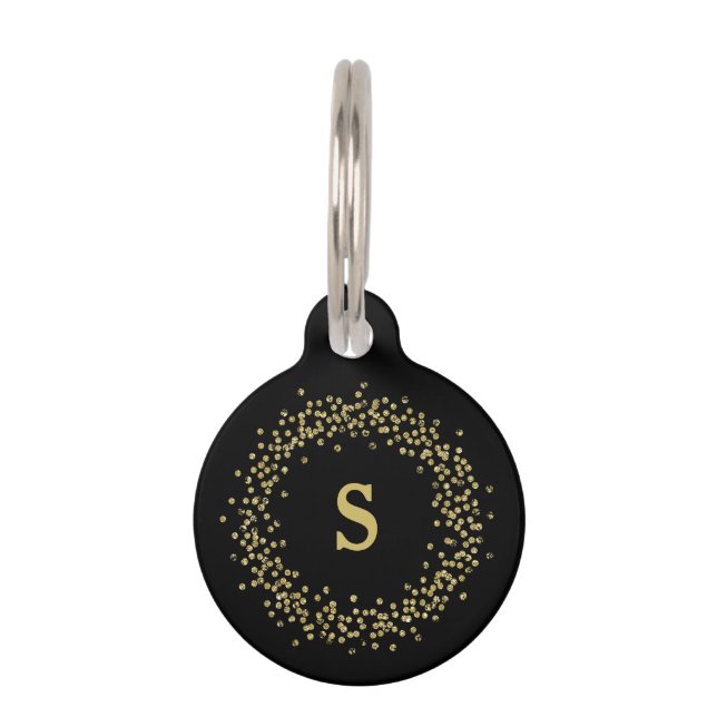 Faux Gold Confetti on Black | Monogram Pet Tag (Front)