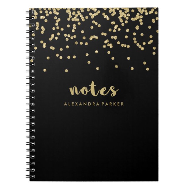 Faux Gold Confetti on Black | Notes Typography Notebook (Front)