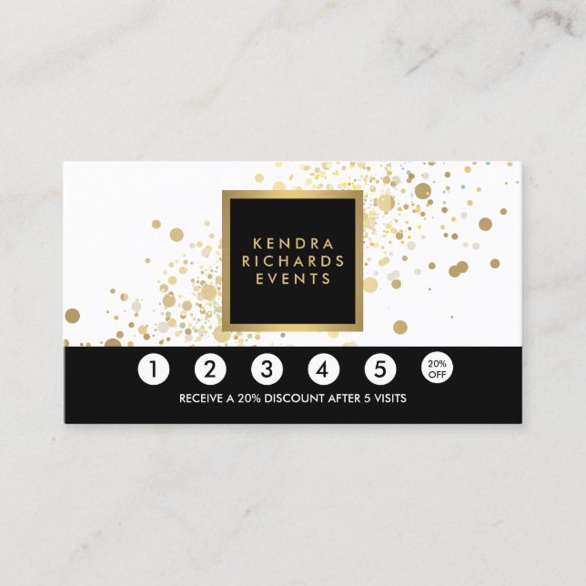 Faux Gold Confetti on Modern White Loyalty Card (Front)