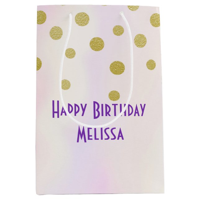 Faux Gold Confetti on Purple Watercolor Medium Gift Bag (Front)