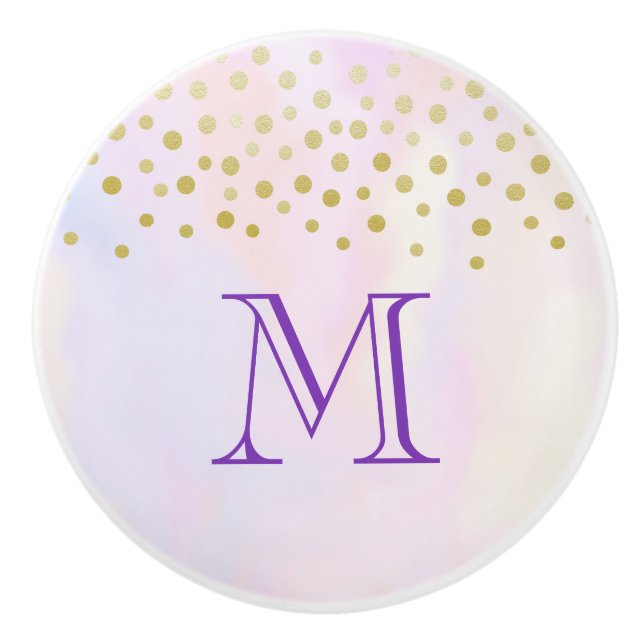 Faux Gold Confetti on Purple Watercolor Monogram Ceramic Knob (Front)