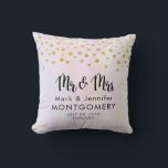 Faux Gold Confetti on Purple Watercolor Mr. & Mrs. Throw Pillow<br><div class="desc">Commemorative "Mr. & Mrs." wedding pillow. Designed with fake gold confetti sprinkled along the top. A pale purple and yellow watercolor background.</div>