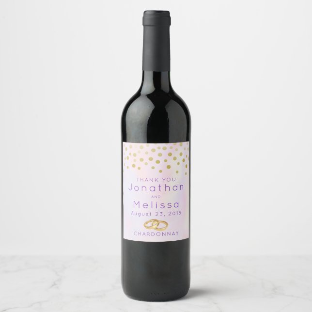 Faux Gold Confetti on Purple Watercolor Wedding Wine Label (Front)