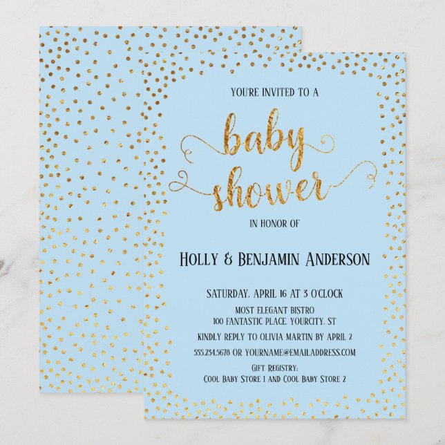 Faux Gold Confetti Typography Blue Baby Shower Invitation (Front/Back)