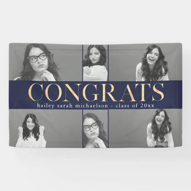 Faux Gold Congrats Graduation Photo Collage Banner (Horizontal)