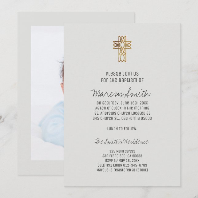 Faux Gold Cross Baby Boy Photo Invitation Baptême (Devant / Derrière)