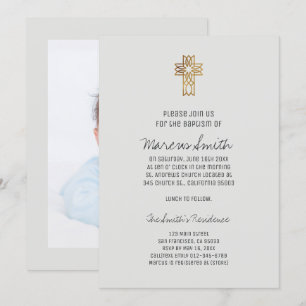 Faux Gold Cross Baby Boy Photo Invitation Baptême