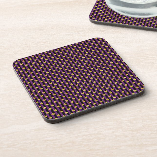 Faux Gold Crowns Purple Black Stripes Mardi Gras Coaster (Left Side)