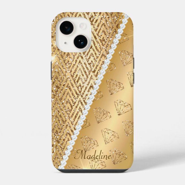 Faux Gold  & Diamonds iPhone 14 Tough Case, Glossy iPhone Case (Back)