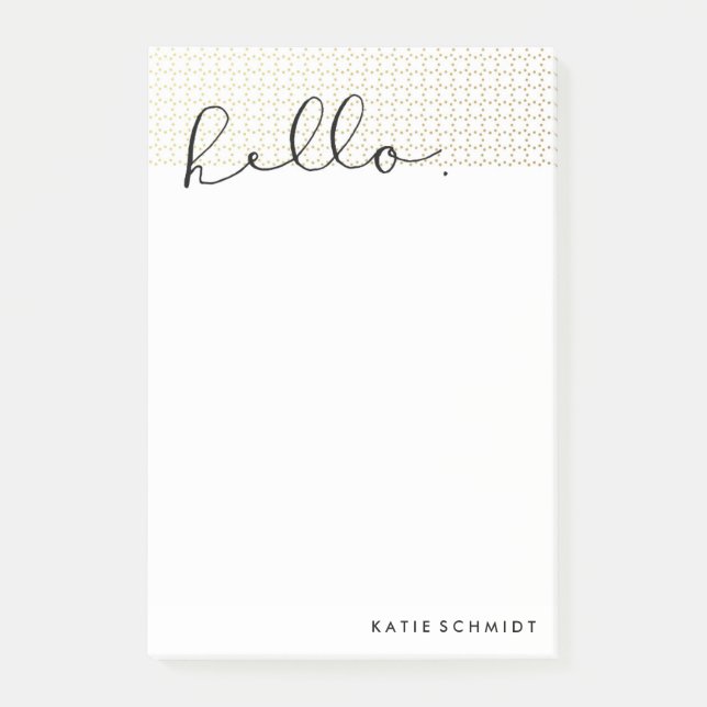 Faux Gold Dots with 'Hello' in Black Calligraphy Post-it Notes (Front)