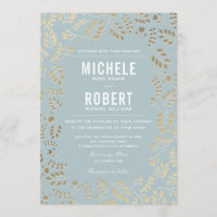 Faux Gold Dusty Blue Botanical Wedding Invitation