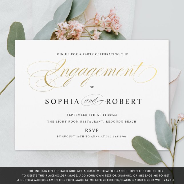 Faux Gold Elegant Calligraphy Engagement Monogram  Invitation (Creator Uploaded)