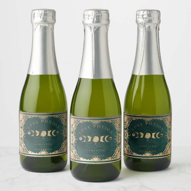 Faux Gold & Emerald Green Tarot Celestial Wedding Sparkling Wine Label (Bottles)