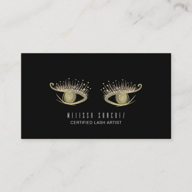 Faux Gold Eyelashes Salon Black  Business Card (Front)