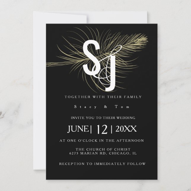 Faux Gold Feather Botanical Black Wedding Suite Invitation (Front)