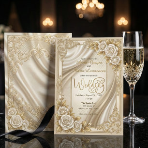 Faux Gold Filigree Satin Drapery Formal Wedding Invitation