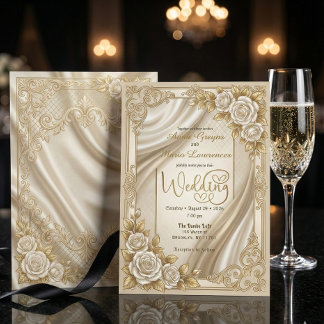 Faux Gold Filigree Satin Drapery Formal Wedding  Invitation