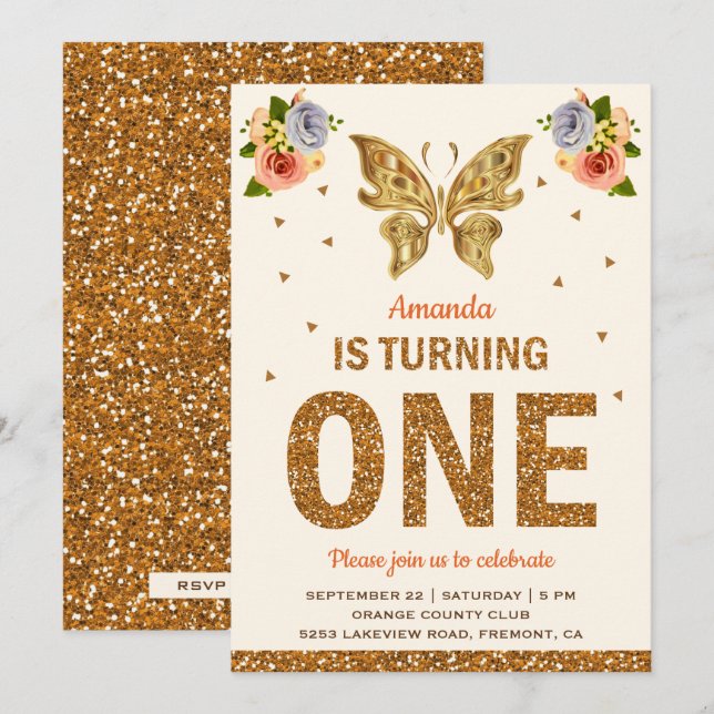 Faux Gold Floral Butterfly First Birthday Party Invitation (Front/Back)