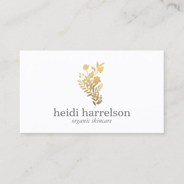 Faux Gold Floral Logo on White Business Card (Front)
