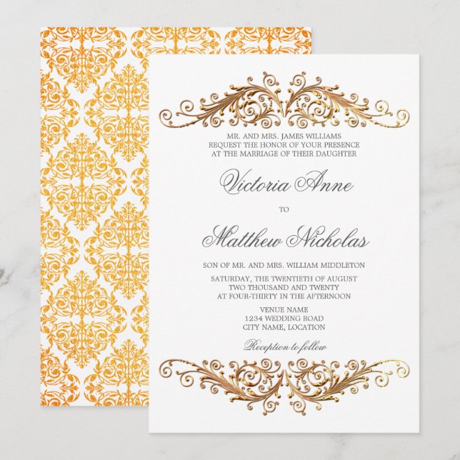 Faux Gold Flourish Damask Invitation (Front/Back)