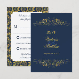 Faux Gold Flourish Damask Navy Blue RSVP Invitation