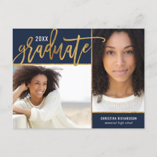 Faux Gold Foil 2 Photo Graduation Announcement Pos Postcard