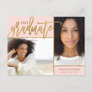Faux Gold Foil 2 Photo Graduation Announcement Postcard