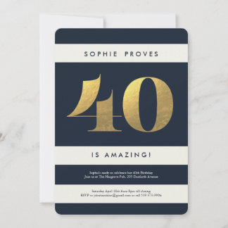 Faux Gold Foil 40th Birthday Invitation // Navy
