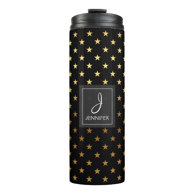 Faux Gold Foil and Black Star Pattern Monogram Thermal Tumbler (Front)