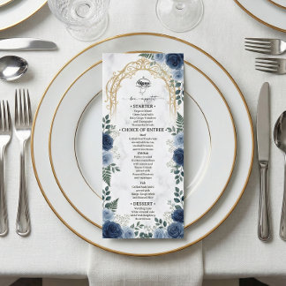 Faux Gold Foil Arch Navy Floral Printed Marble Menu
