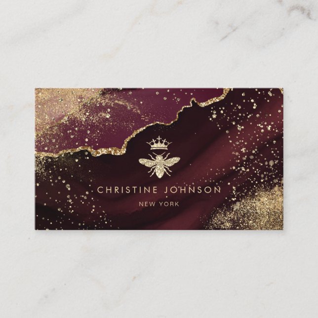 faux gold foil bee on burgundy  business card (Front)