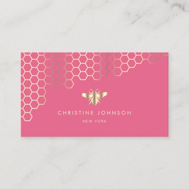 faux gold foil bee on hot pink business card (Front)