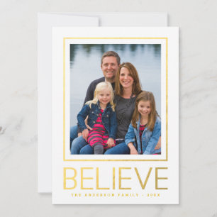 Faux Gold Foil Believe Modern Frame Holiday Photo Card